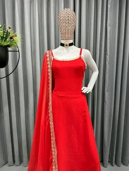 Women's Georgette Sleeveless Kurti Set With Embroidered Lace - Red, XL