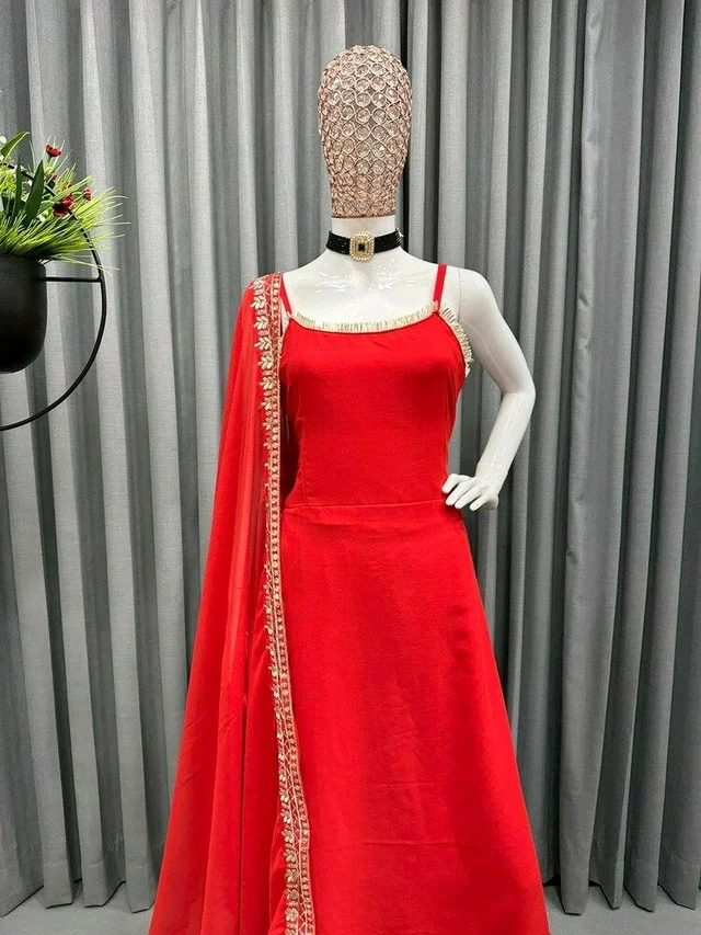 Women's Georgette Sleeveless Kurti Set With Embroidered Lace - Red, XL