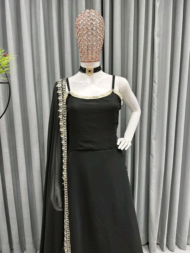 Women's Georgette Sleeveless Kurti Set With Embroidered Lace - Black, XL