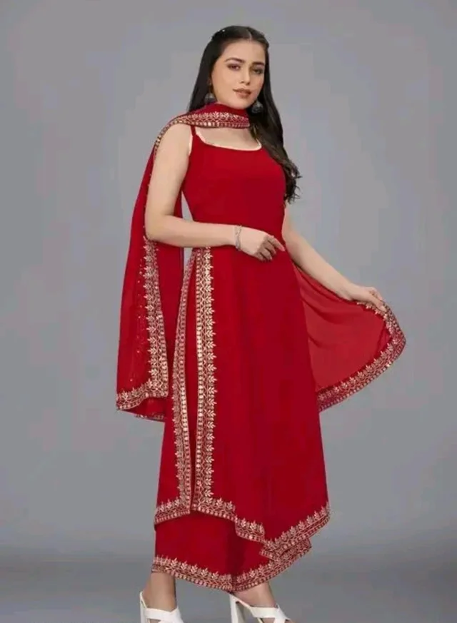Women's Georgette Sleeveless Kurti Set With Embroidered Lace - Maroon, XL