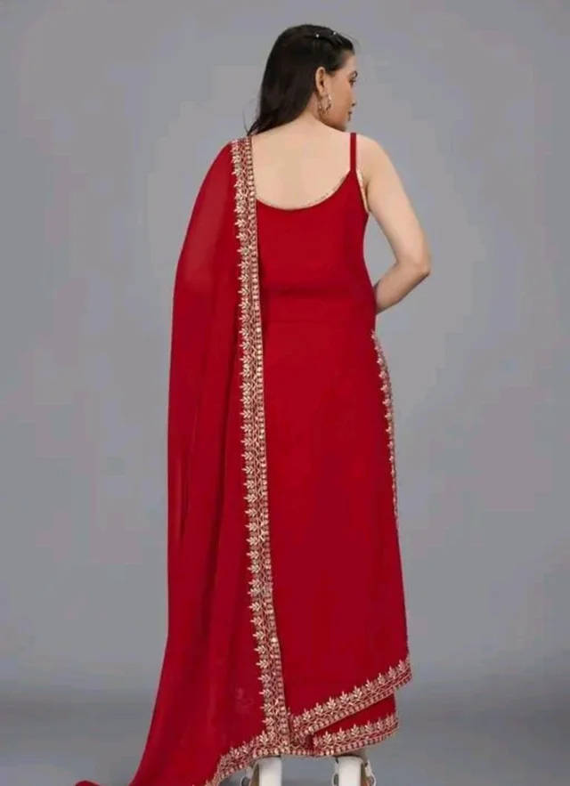 Women's Georgette Sleeveless Kurti Set With Embroidered Lace - Maroon, XL