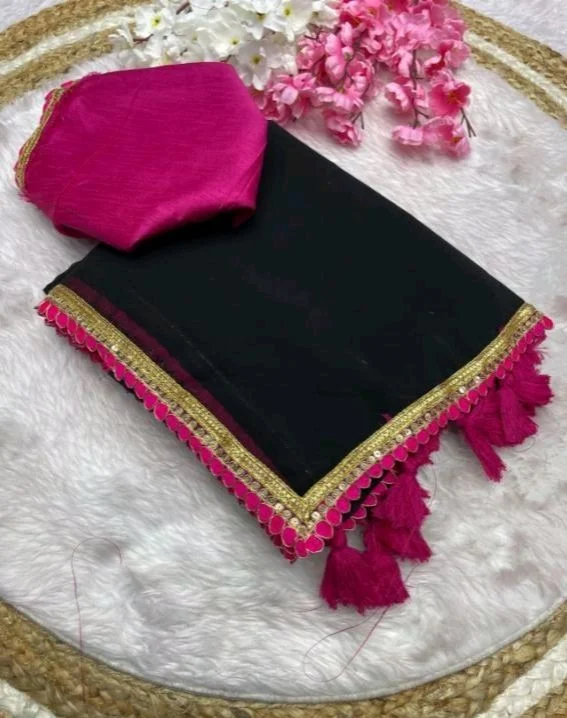 Solid/Plain Mangalagiri Georgette Saree (Pack of 2, Black, Pink) - Black, Free Size