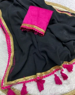 Solid/Plain Mangalagiri Georgette Saree (Pack of 2, Black, Pink) - Black, Free Size
