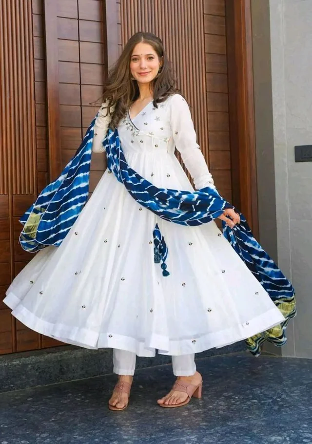 Elegant White Color Georgette Embroidery Sequence Gown - White, L