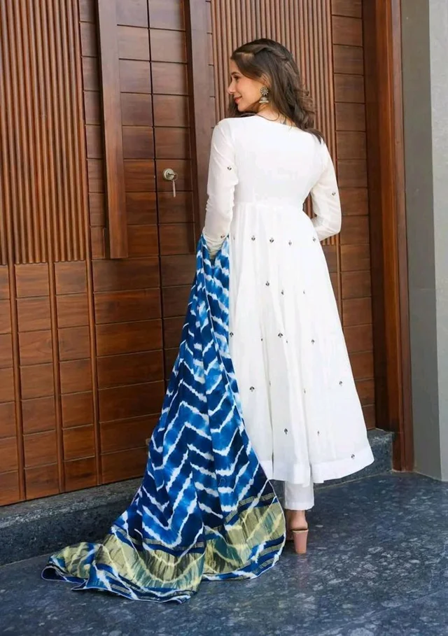 Elegant White Color Georgette Embroidery Sequence Gown - White, L
