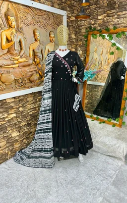 Elegant White Color Georgette Embroidery Sequence Gown - Black, L