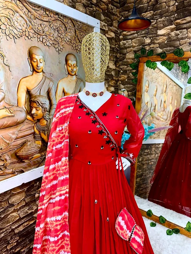 Elegant White Color Georgette Embroidery Sequence Gown - Guardsman Red, M
