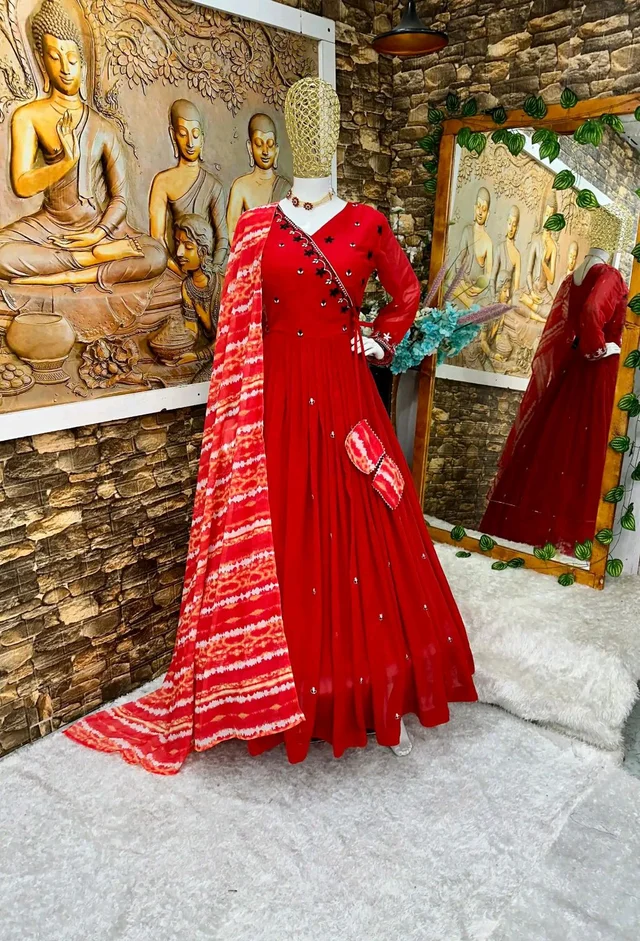 Elegant White Color Georgette Embroidery Sequence Gown - Guardsman Red, XXL