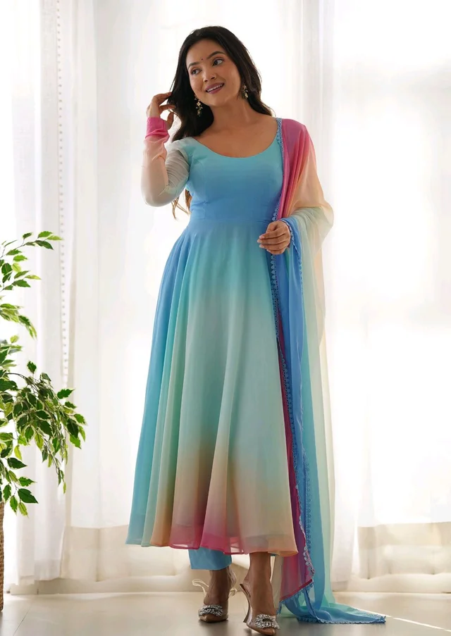 Multicolor Digital Print Faux Georgette Kurta Set - Calypso, L