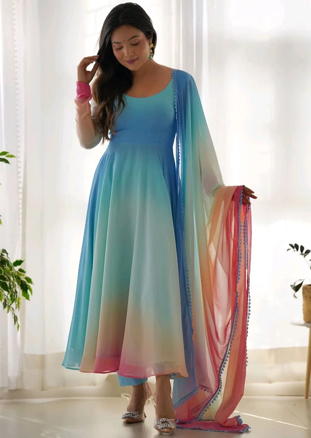 Multicolor Digital Print Faux Georgette Kurta Set - Calypso, XS