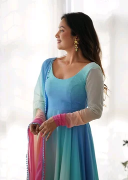 Multicolor Digital Print Faux Georgette Kurta Set - Calypso, XS
