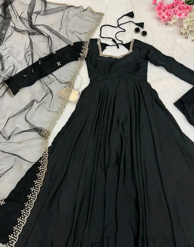 Delightful Light Pink Anarkali Gown With Net Dupatta - Black, S