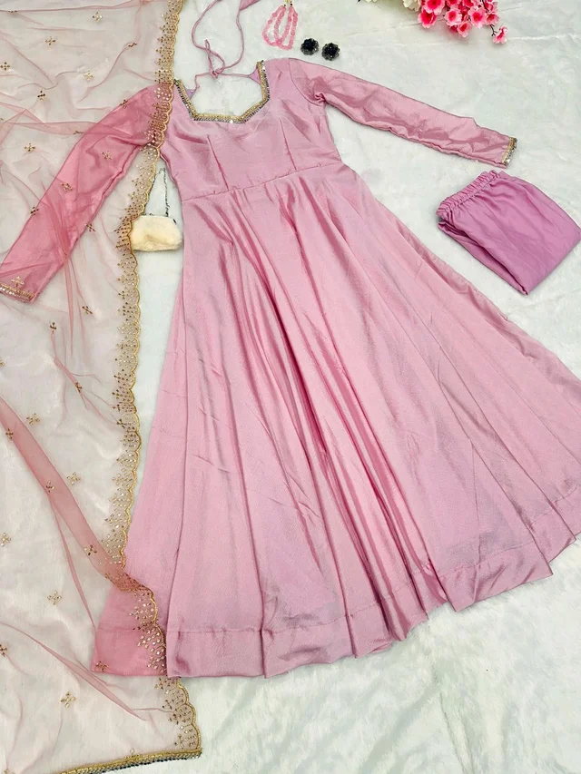 Delightful Light Pink Anarkali Gown With Net Dupatta - Blossom, XL