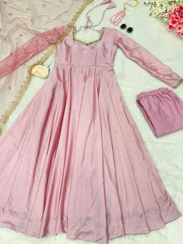 Delightful Light Pink Anarkali Gown With Net Dupatta - Blossom, XL