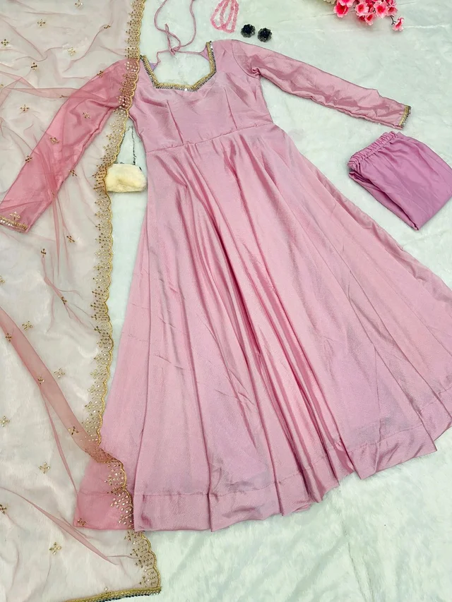 Delightful Light Pink Anarkali Gown With Net Dupatta - Blossom, XL
