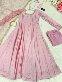 Delightful Light Pink Anarkali Gown With Net Dupatta - Black, XL