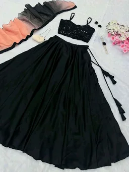 Black and Pink Lehenga Choli in Sequence Georgette Blouse and Satin Lehenga - Free Size, Black