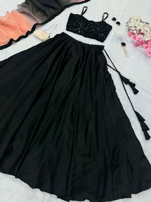 Black and Pink Lehenga Choli in Sequence Georgette Blouse and Satin Lehenga - Free Size, Black