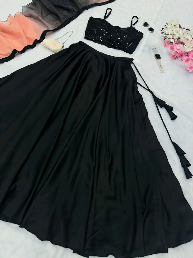 Black and Pink Lehenga Choli in Sequence Georgette Blouse and Satin Lehenga - XL, Black