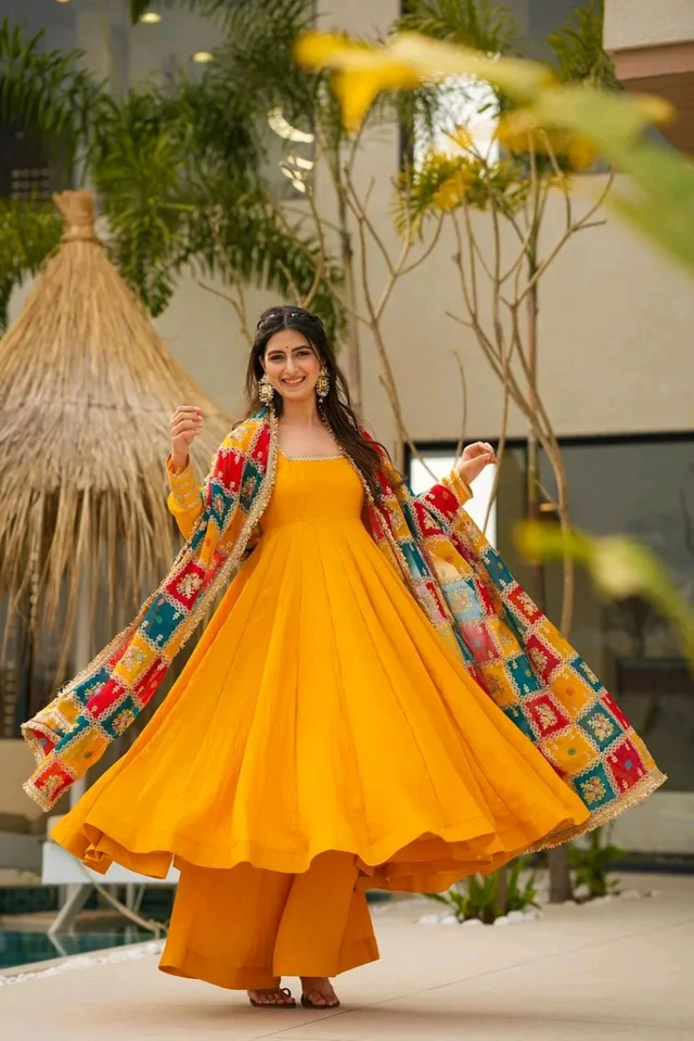 Festive Special Yellow Chinon Silk Gown - Tangerine, L