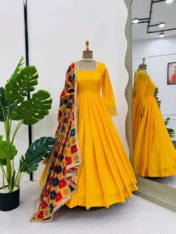 Festive Special Yellow Chinon Silk Gown - Tangerine, L