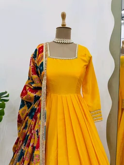Festive Special Yellow Chinon Silk Gown - Tangerine, L