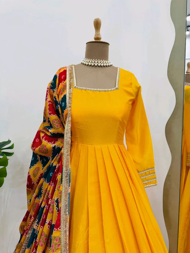 Festive Special Yellow Chinon Silk Gown - Tangerine, M