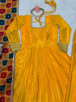 Festive Special Yellow Chinon Silk Gown - Tangerine, XXL