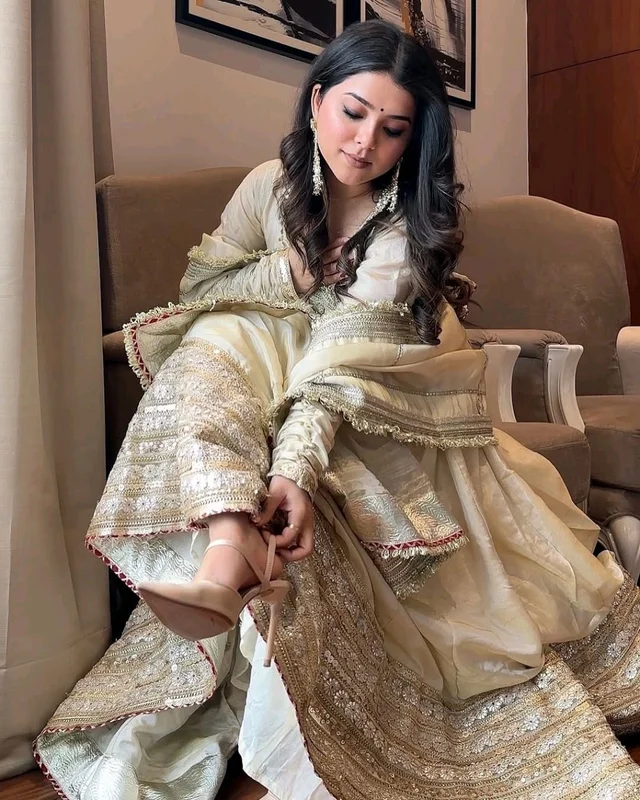 Mumtaz Tissue Anarkali Set - L, Satin Linen