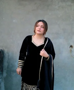 Black Velvet Winter Embroidered Kurta pant Dupatta set | Indian Ethnic Women Wear | Thick Festive Embroidered Kurti | Bollywood Formals - Black, XXL