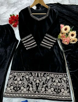 Black Velvet Winter Embroidered Kurta pant Dupatta set | Indian Ethnic Women Wear | Thick Festive Embroidered Kurti | Bollywood Formals - Black, XXL
