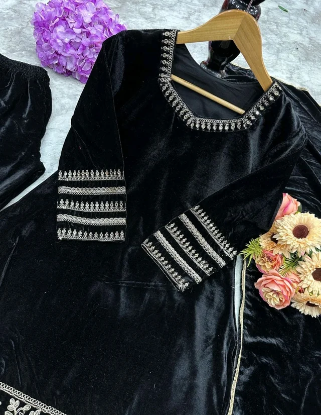 Black Velvet Winter Embroidered Kurta pant Dupatta set | Indian Ethnic Women Wear | Thick Festive Embroidered Kurti | Bollywood Formals - Black, XXL