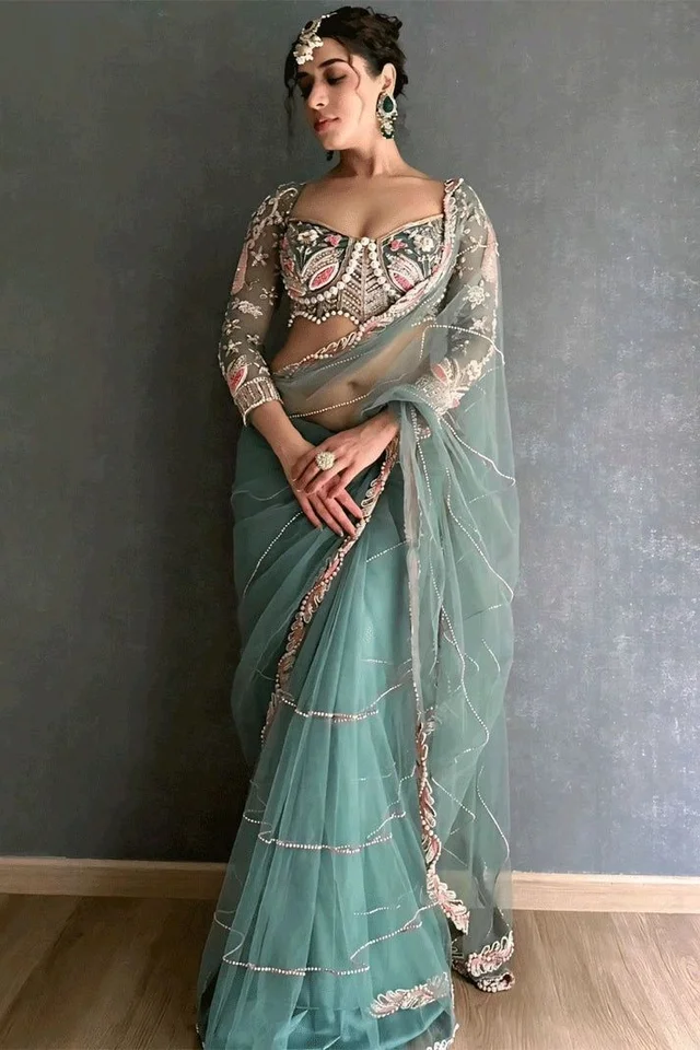 Party Wear Butterfly Net Moti Saree - Oracle, Free Size