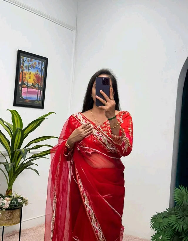 Party Wear Butterfly Net Moti Saree - Red, Free Size