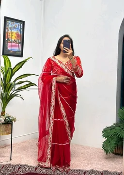 Party Wear Butterfly Net Moti Saree - Red, Free Size