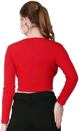 Ribbed deep Neck Crop top - Red, S