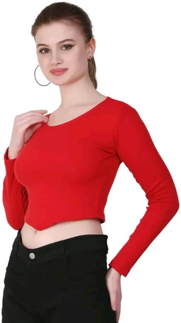 Ribbed deep Neck Crop top - Red, S