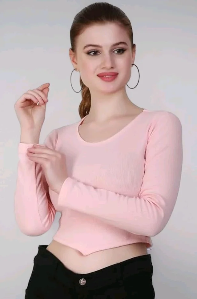 Ribbed deep Neck Crop top - Pink Flare, XL