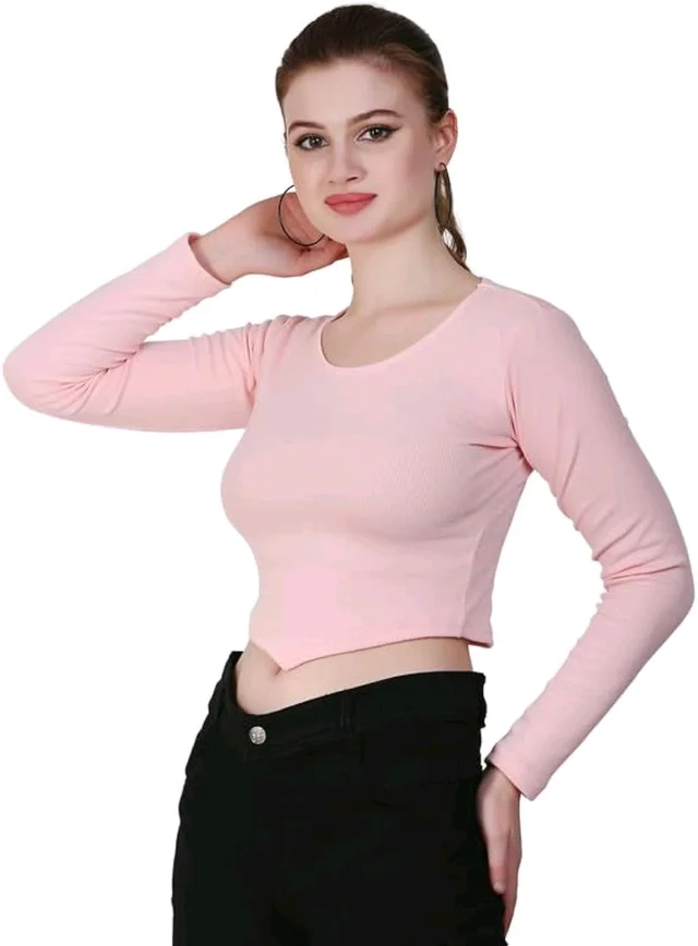 Ribbed deep Neck Crop top - Pink Flare, XL