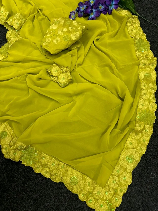 MADHURI MAAM INSPIRED PREMIUM DESIGNER GEORGETTE BANARASI SILK SAREE - Citrus, Free Size
