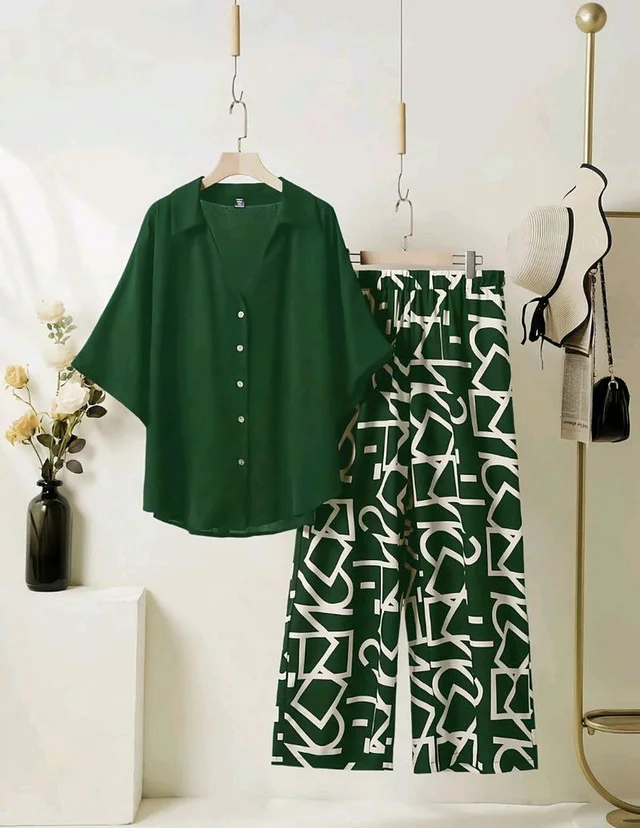 ELEGANT PINE GREEN TOP WITH GRAPHIC PALAZZO SET - Everglade, XL