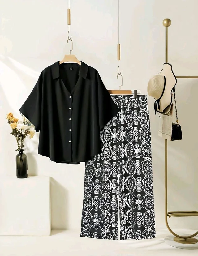ELEGANT PINE GREEN TOP WITH GRAPHIC PALAZZO SET - Black, XL