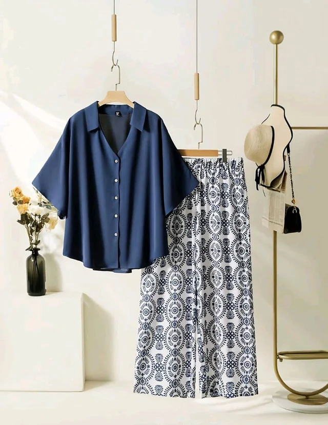 ELEGANT PINE GREEN TOP WITH GRAPHIC PALAZZO SET - Cloud Burst, XXL