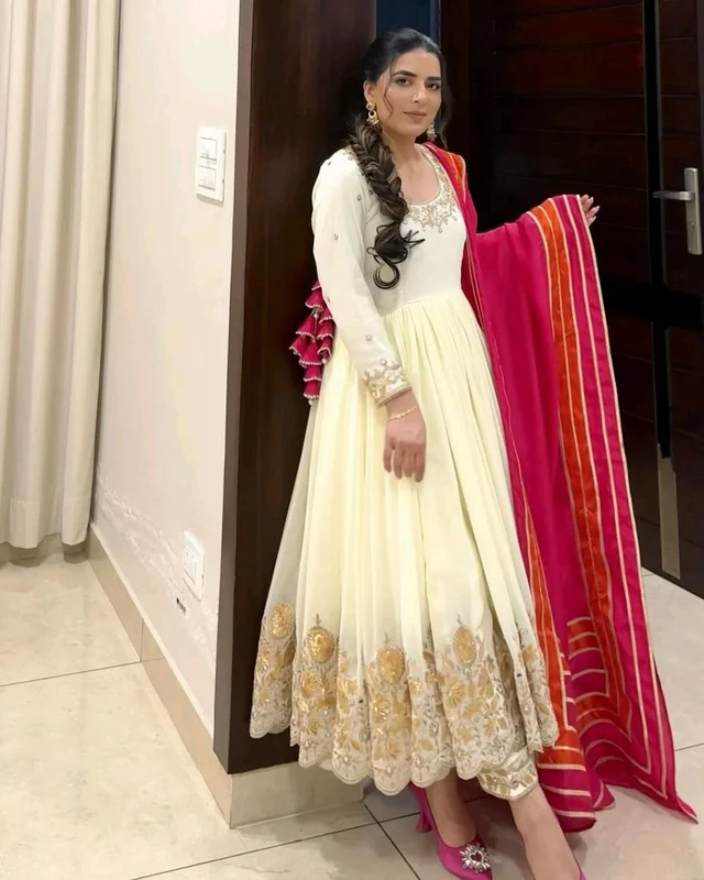 New Designer Faux Georgette Ready to Wear Party gown & pent Dupatta Set - White, L