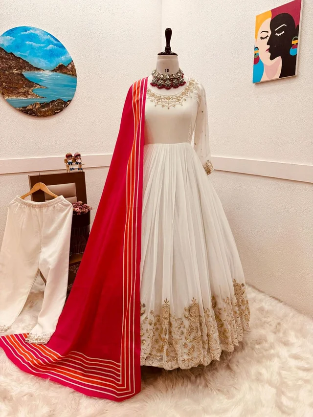 New Designer Faux Georgette Ready to Wear Party gown & pent Dupatta Set - White, L