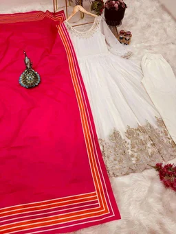 New Designer Faux Georgette Ready to Wear Party gown & pent Dupatta Set - White, M