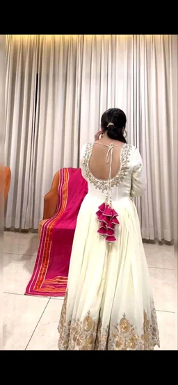New Designer Faux Georgette Ready to Wear Party gown & pent Dupatta Set - White, M