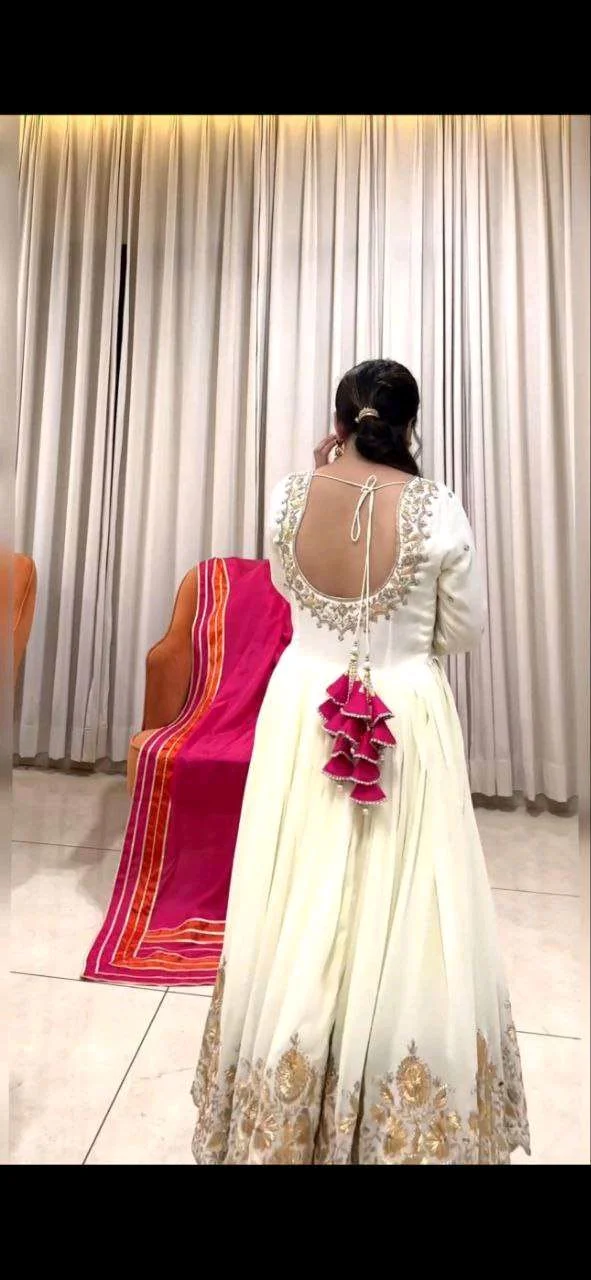 New Designer Faux Georgette Ready to Wear Party gown & pent Dupatta Set - White, M