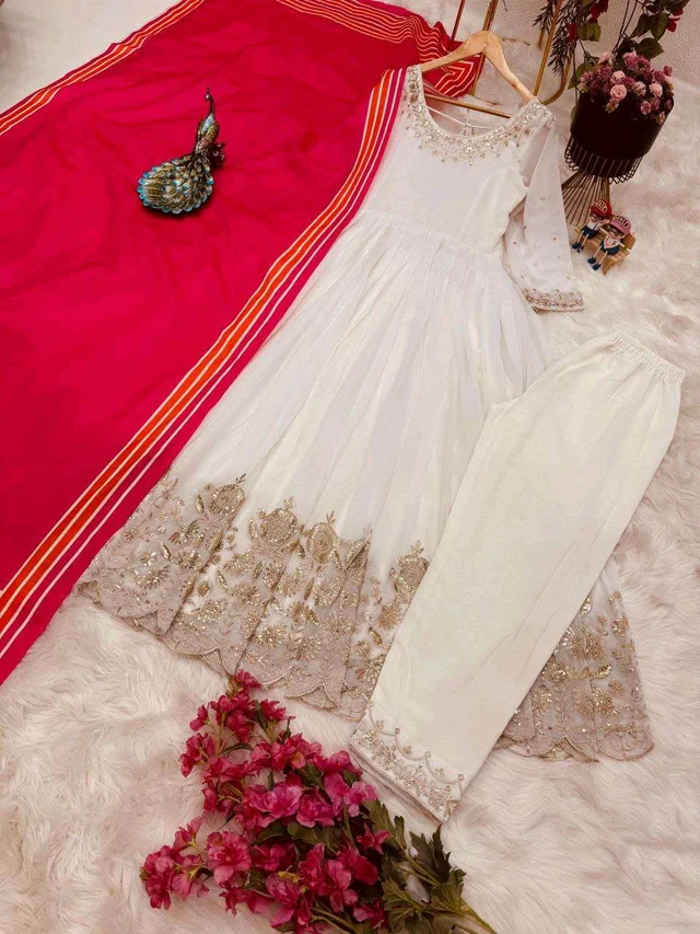 New Designer Faux Georgette Ready to Wear Party gown & pent Dupatta Set - White, S