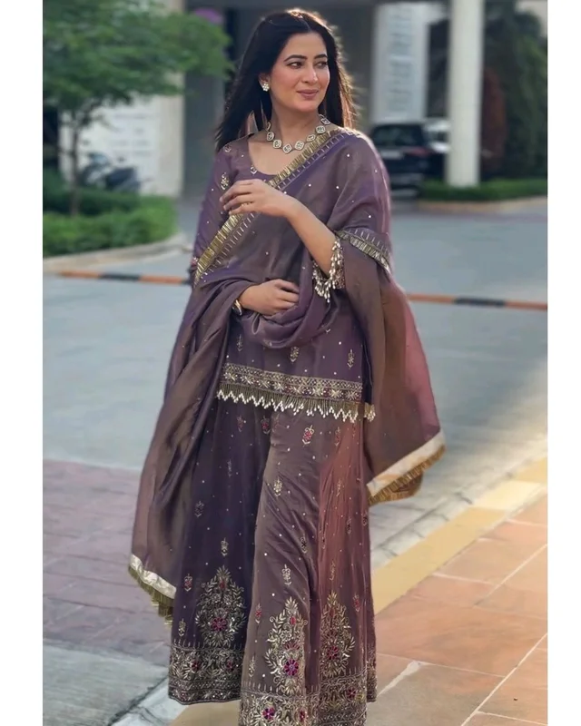 Heavy embroidered purple palazzo set with embroidered short kurta , heavy embroidered palazzo and matching dupatta - Rum, Free Size